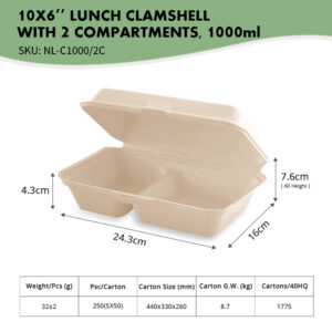 10x6" 蛤壳，2 个隔层，1000 毫升